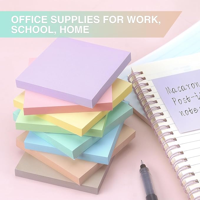 Sticky Notes 3x3inch, 8 Pads Self-Stick Notes, 8 Pastel Multi Colors with Gray Note Pads, Suitable for School, Home, Office, 80 Sheets/Pad