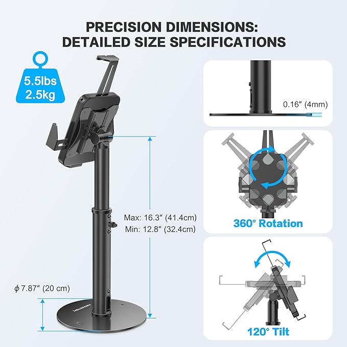 AboveTEK POS Tablet Kiosk Stand - Universal Tablet Locking Mount for 7.9"-11" Devices, 360° Swivel Anti-Theft Security Stand for iPad, iPad Air, Samsung, Height Adjustable Desk Countertop