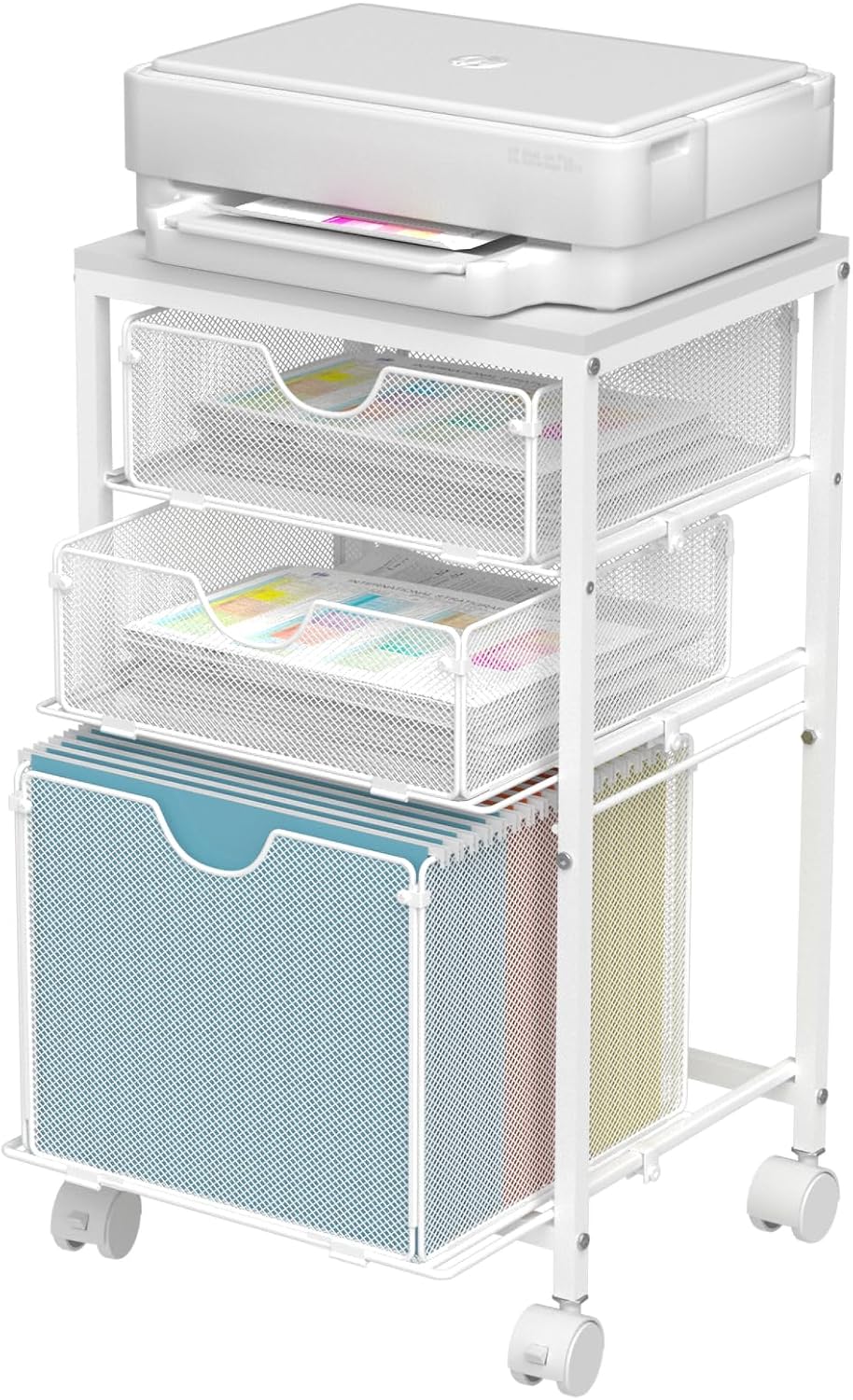 Rolling File Cart with 3 Storage Drawers, Wood & Mesh Hanging File Folder Organizer with Wheels Under Desk, File Cabinets for Home Office, 11.81" D x 14.8" W x 25.39" H, White