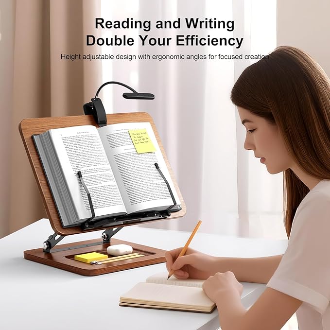 Book Stand for Reading with Light, Book Holders for Reading Hands Free, Adjustable Height & Angle, Fits Cookbook Recipe, Textbook, Kindle,Foldable for Kitchen, Office, School,Gift for Book Lovers