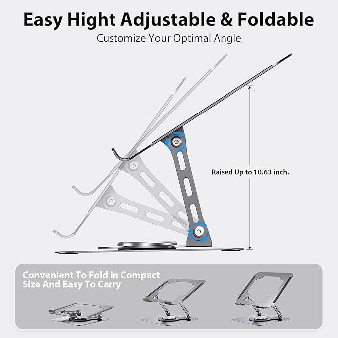 Laptop Stand, Adjustable Metal Computer Stand with 360° Rotating Base, Ergonomic Foldable Laptop Riser for Desk, Portable Laptop Stand Mount for All 10-16" Laptops and Notebooks, Space Gray