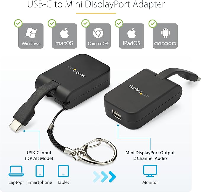 StarTech.com Compact USB C to Mini DisplayPort Adapter - 8K 60Hz/4K USB-C to mDP 1.4 Video Converter w/Keychain Ring - USB Type-C DP Alt Mode (HBR3 HDR DSC) to mDP Monitor - TB3 Compatible (CDP2MDPFC)