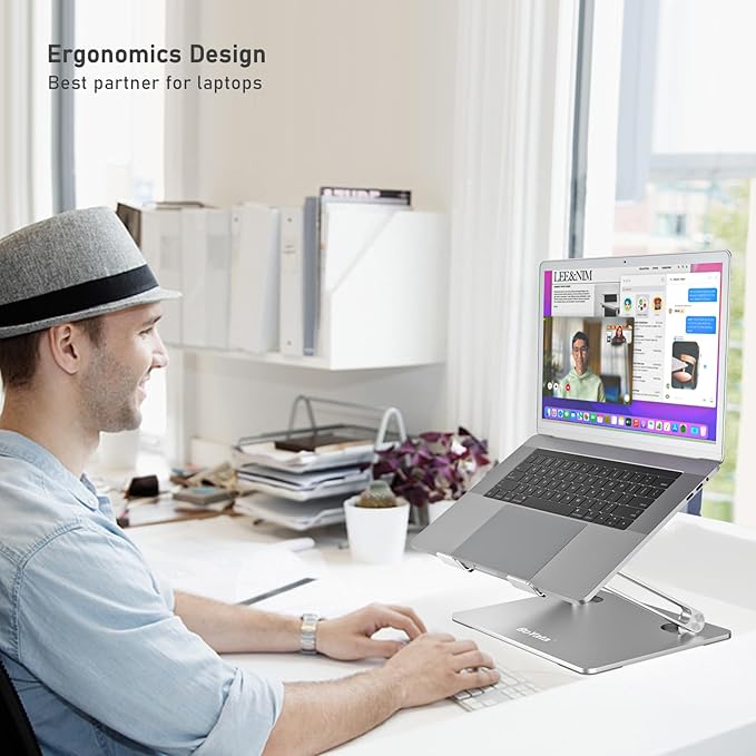 BoYata Laptop Stand, Adjustable Laptop Riser with Slide-Proof Silicone and Protective Hooks, Aluminum Notebook Stand for Laptop up to 15 Inches, Laptop Holder Compatible for MacBook (Silver-2)