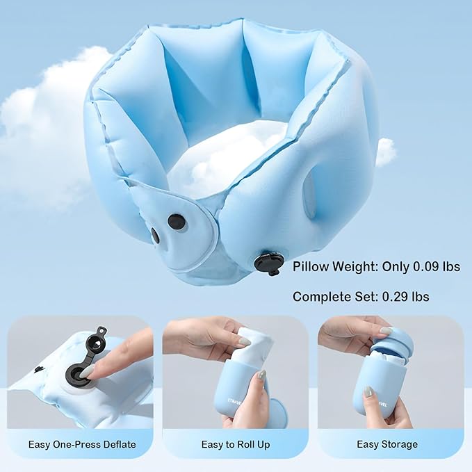 Inflatable Neck Pillow，Travel Pillow，Silicone Storage Pouch Integrates Inflation and Storage Features，Portable and Washable，Airplane Travel Essentials，Vacation Essentials，Road Trip Essentials