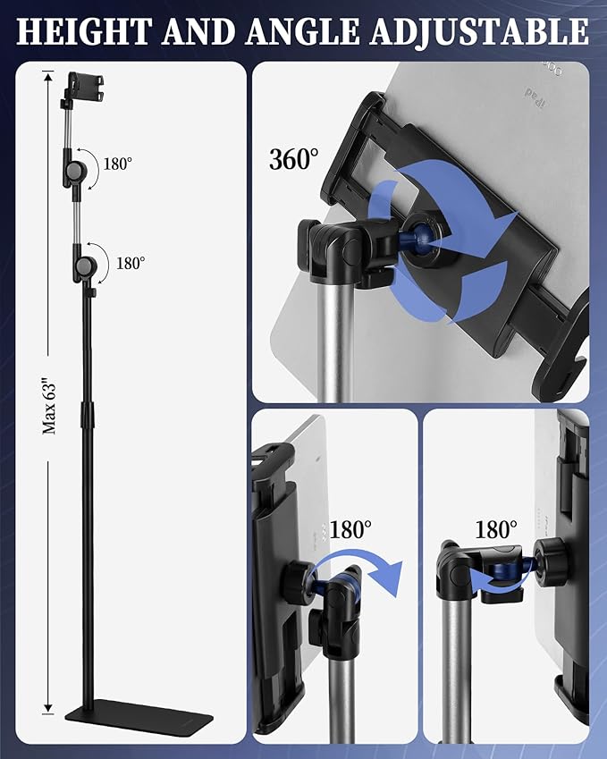 SHUWEI Tablet Floor Stand with Double Self-Locking Worm Gears, 63”Height Adjustable iPad Floor Stand with 7.5lb Stable Base, Compatible with 4.7-15.6'' iPad, Kindle, Phone, Portable Monitor, Black
