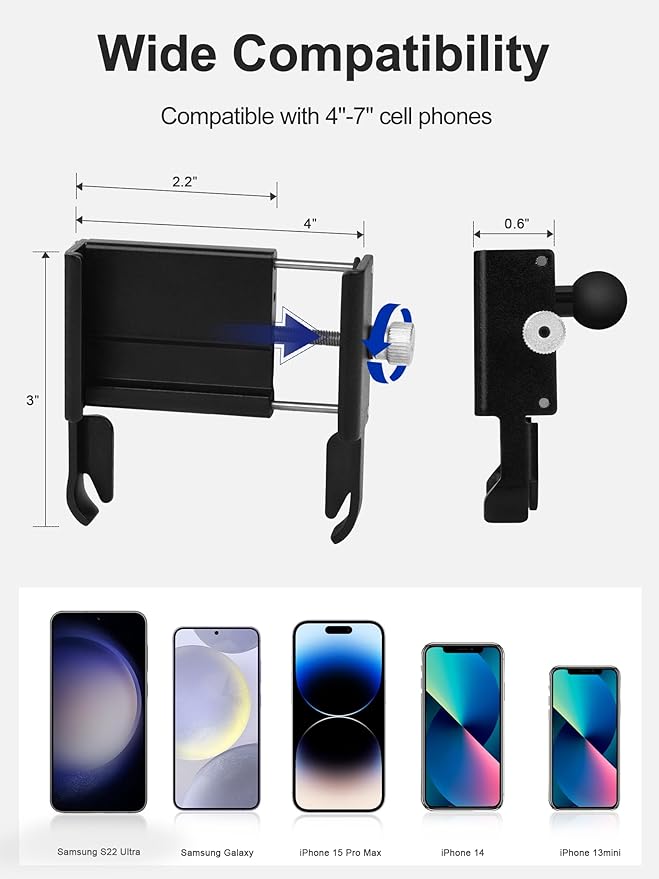 UTV Phone Mount, Aluminum Heavy Duty UTV Phone Holder Fit for 1.75"-2" Roll Cage, Compatible with Polaris RZR/Can Am X3/Kawasaki Teryx/Talon Pioneer 1000, No Block Camera & Buttons