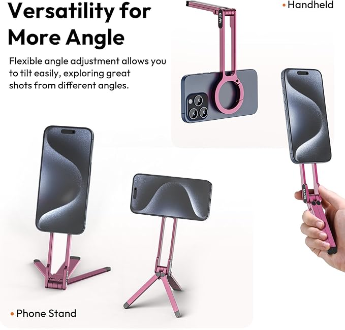 ULANZI MA30 Magnetic Phone Tripod Stand for iPhone - Aluminium Maglock Smartphone Mini Tripod Pocket Cell Phone Stand Strong Magnet Quick Mount Compatible with iPhone 17 16 15 14 13 12 Series, Pink