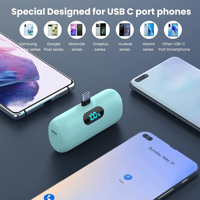 [2 Pack] Samll Portable Charger for iPhone 16/15 Series, 5000mAh 3A PD USB C Power Bank, Mini LCD Display Battery Pack Compatible with iPhone 16/16 Plus/16 Pro/15 Pro Max,Samsung,Android/Moto/LG etc