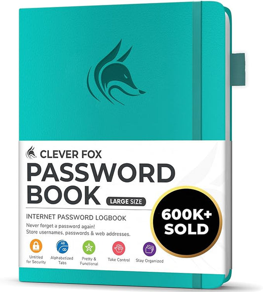 Clever Fox Password Book with alphabetical tabs. Internet Address Organizer Logbook. Large Password Keeper for Website Logins (Turquoise)