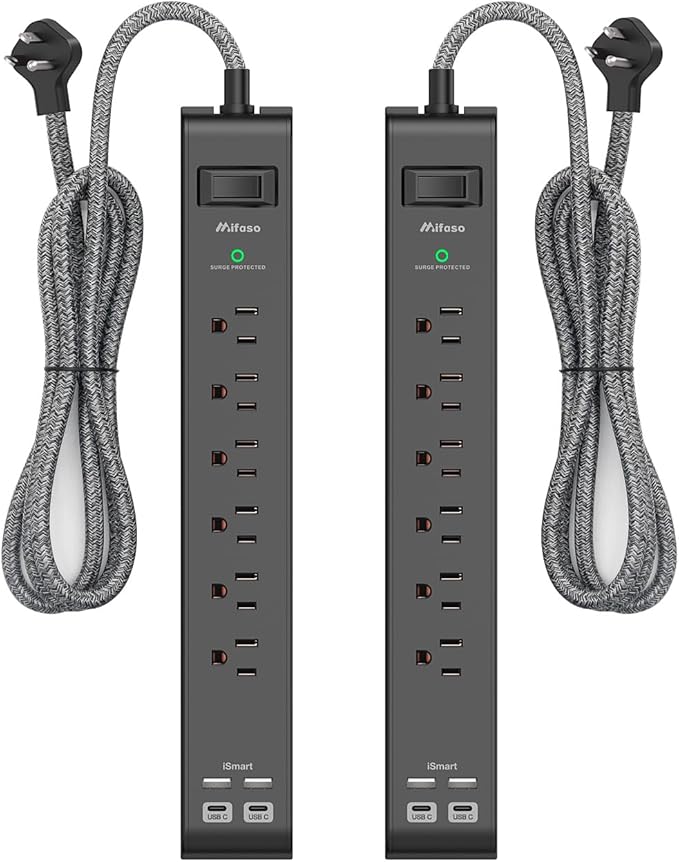 2 Pack Surge Protector Power Strip, 6 Outlets 4 USB Charging Ports, 12Ft Braided Extension Cord, Slim Flat Plug, Wall Mount, Desk Accessories, Home Office Essentials