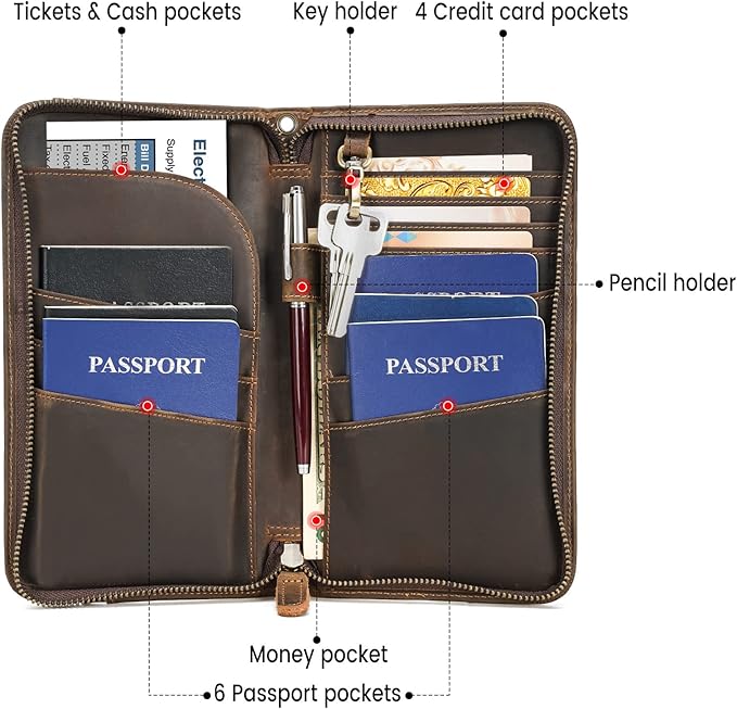 Polare Full Grain Leather Family Travel Passport Wallet and Documents Organizer RFID Blocking Case Holder Fits 6 Passports for Men and Women