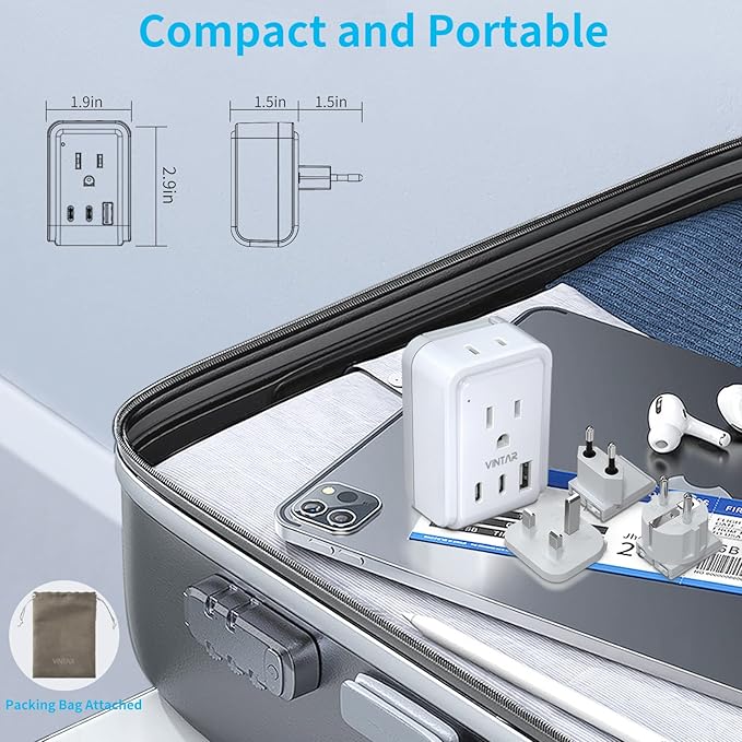European Travel Plug Adapter Kit, VINTAR International Plug Adapter with 3 USB Ports (2 USB C,3.4A) 2 American Outlets, Type C,G,E/F Detachable Attachments, Adapter for US to UK Europe France Italy