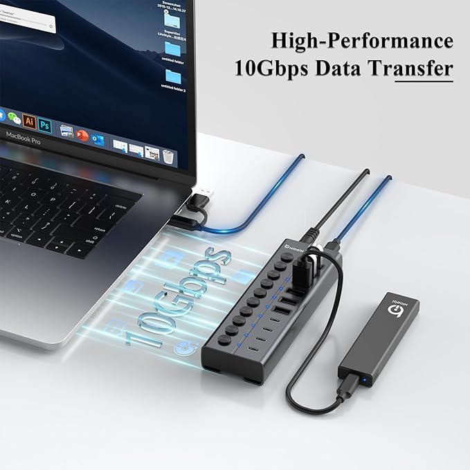 Powered USB Hub, 10-Port USB C Hub with 6 USB-A 3.2, 4 USB-C 3.2 Ports, Individual Switches and 12V/5A Power Adapter, Aluminum USB Extension for MacBook, Laptop/PC and More.