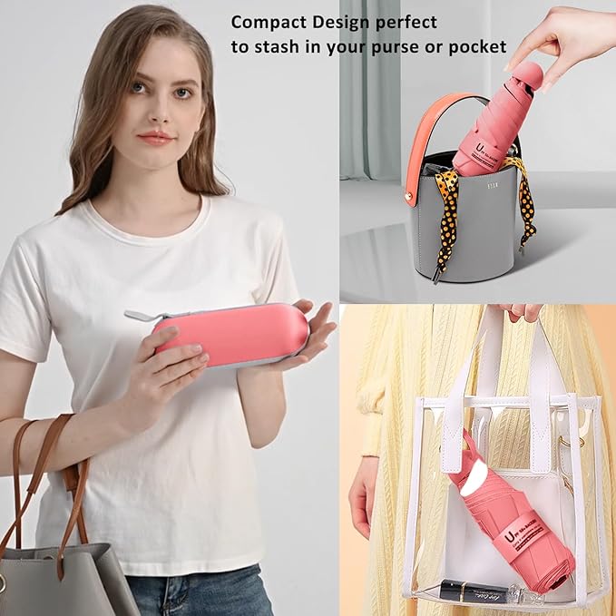 BAODINI Travel Essentials Mini Umbrella for Purse With Case Small Compact UV Sun Protection Lightweight Tiny Pocket Manual Open Close Umbrella for Women Kids and Men Fit Purse Backpack