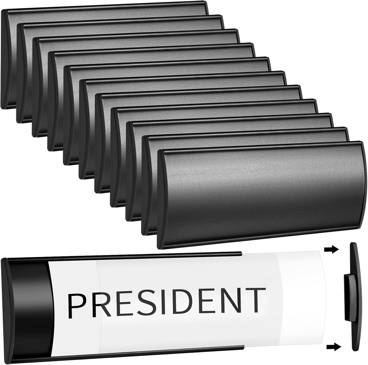 Therwen 12 Pcs Aluminum Office Name Plate Holder for Door Wall Mount 8'' x 3'' Business Sign Holder Office Door Sign Sturdy Curved with Plastic Film and Adhesive Tape (Black)