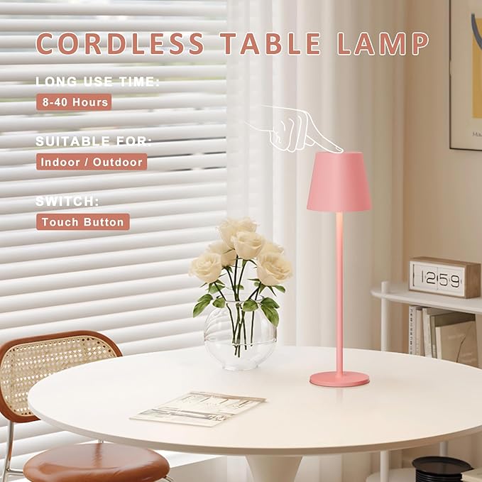 Kakanuo Pink Cordless Table Lamps, Rechargeable Lamp, Battery Operated Lamps, Touch Control Table Lamps, 3 Color Temperature, Stepless Dimmable, LED Portable Wireless Battery Lamp, Set of 2