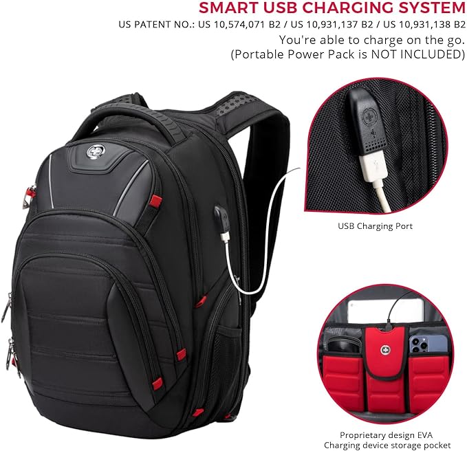 Swissdigital Design Travel Backpack for men, TSA Friendly USB Charging RFID Protection Business Backpack Fits 15.6" Laptops Black | J14-BR