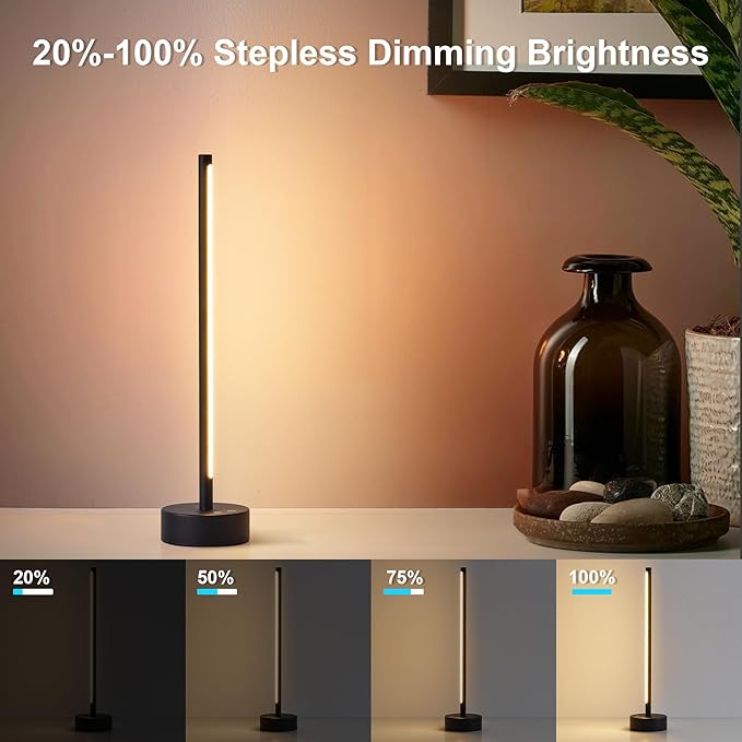 Cordless LED Table Lamp Set of Two, Battery Operated Portable Desk Lamp, Dimmable/3 Color/Memory Function, Modern Rechargeable Table Light for Living Room,Bedroom, Bedside, Black, 2 Pack