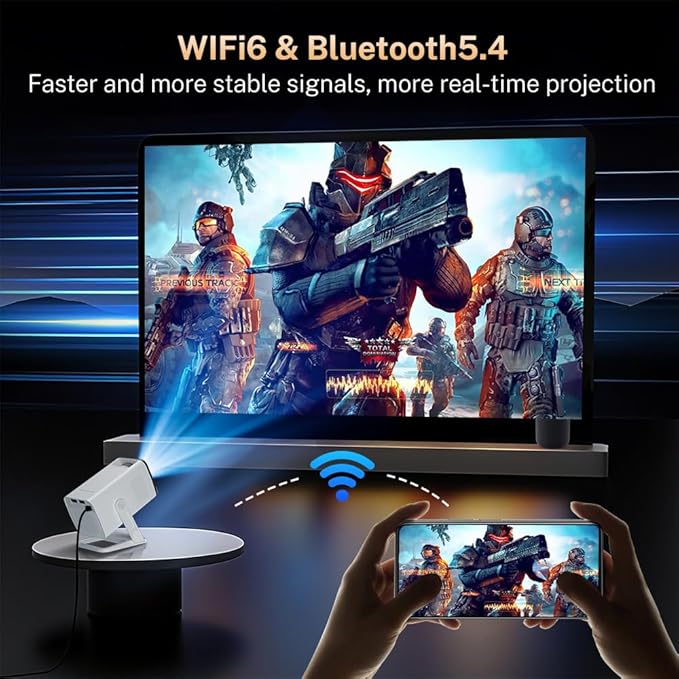 Mini Projector 1080P 4K Support with WiFi 6 and Bluetooth 5.4 Built-in Apps TV Android 11 Auto Keystone Outdoor Portable Projector Compatible with iOS/HDMI/TV Stick VisualCube 300