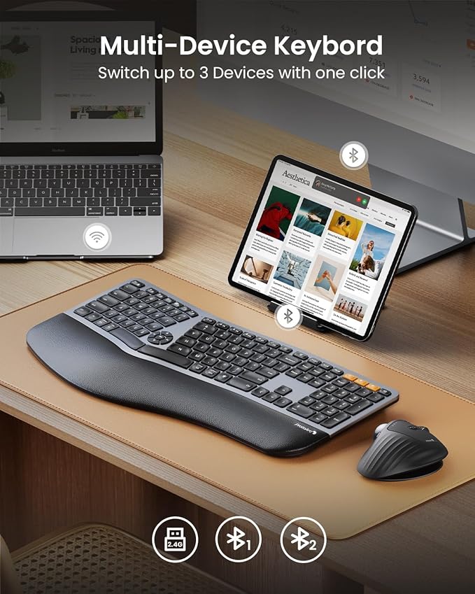 Backlit Bluetooth Ergonomic Keyboard, ProtoArc EK01 Plus Full Size Wireless Split Keyboard with Dual Bluetooth and USB, Cushioned Wrist Rest, Rechargeable for Windows/Mac/Android, Grey Black