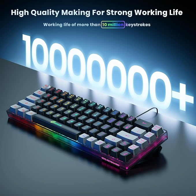 65% Gaming Keyboard, LED Backlit Mini Wired, Ultra-Compact Anti-Ghosting No-Conflict 68 Keys for PC Laptop Windows Gamer