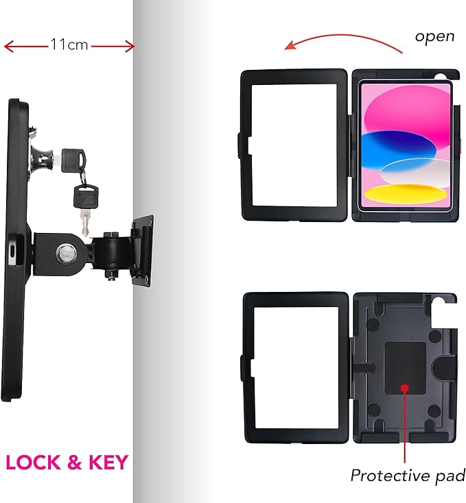 on Wall Mount Bracket for 2025 iPad 11"(A16) 11th/ 2022 iPad 10.9" 10th Gen.,Excluding Other 10.9"/11",with Anti Theft Lock & Key,Rotate Arbitrary Adjustment Angle,Metal(Black)