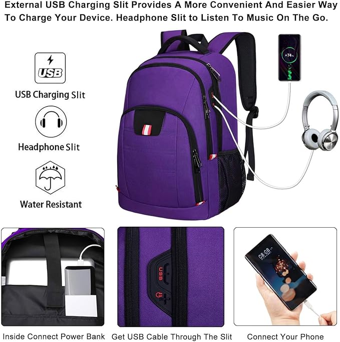 Travel Laptop Backpack, Small Backpack for Men and Women with USB Slit Business Computer Backpack Bag (Purple, 15.6 Inch)