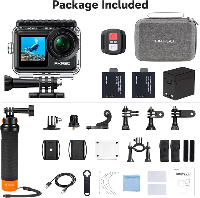 AKASO Brave 7 LE 4K30FPS 20MP WiFi Action Camera with Touch Screen EIS 2.0 Zoom Remote Control 131ft Waterproof Underwater Camera with Waterproof Floating Hand Grip and Carrying Case Bundle