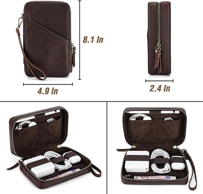 Electronic Organizer Case Tech Kit, Top Grain Leather Handmade, Portable Compact Travel Electronic Accessories Storage Case Fits Phone, USB Cables, Chargers, Hard Drive, Cards, Apple pencil