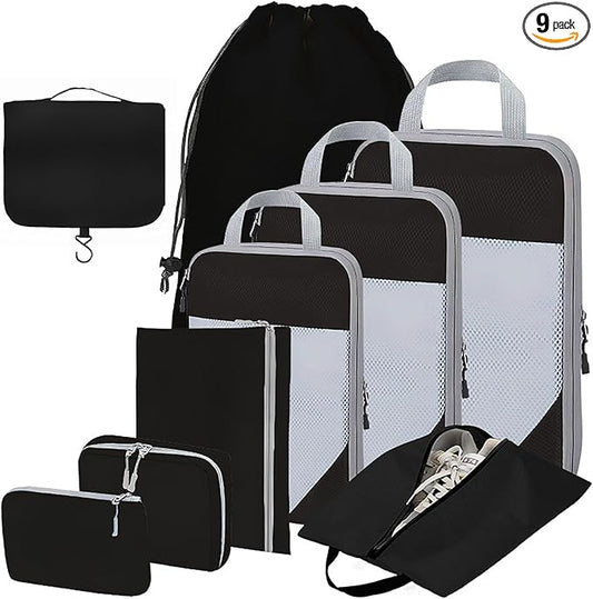 Compression Packing Cubes for Suitcases – 9 Set Travel Luggage Organiser Bags with Mesh Design, Waterproof Ultralight Packing Cubes for Backpack, Clothes & Home Storage (Black)