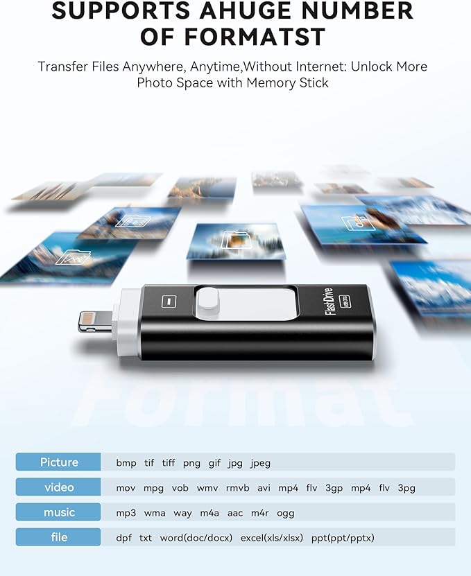 MFi Certified 512GB iPhone Flash Drive, Photo Stick Memory Stick for iPhone iPad, USB Thumb Drive for Photos Videos Transfer & Backup, External Storage Compatible for iPhone/Android/PC/Mac (Black)