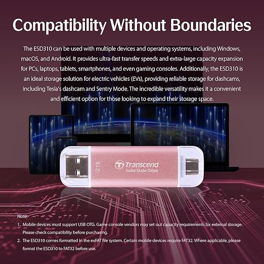 Transcend 2TB External SSD, Up to 1,050MB/s, Dual USB Flash Drive for iPhone17,16,15/ Pixel/Android Phones/Tesla/iPad/Mac/Steam Deck/ROG Ally/MSI Claw/PS5, 2-in-1 Type C&A, USB 3.2 Gen2 Portable SSD