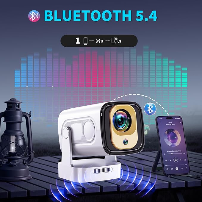 【Built-in Apps】Mini Projector 1080P with WiFi 6 and Bluetooth 5.4, 4K Full HD Projector Features Auto Focus & Keystone, Portable Projector Support 270° Rotatable, Compatible with Phone/HDMI/USB-White