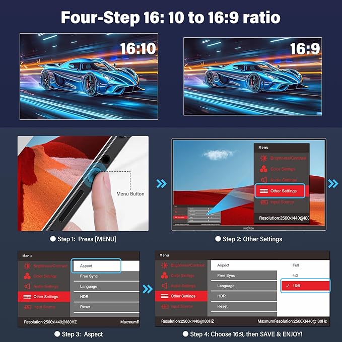 2K 180Hz Portable Gaming Monitor, 23.8" 2560x1440 QHD Fast IPS ∆E<2 100% sRGB Portable Monitor w/180° Adjustable Stand Type-C HDMI Eye Care External Second Screen for Laptop Phone PS4 PS5 Switch Xbox