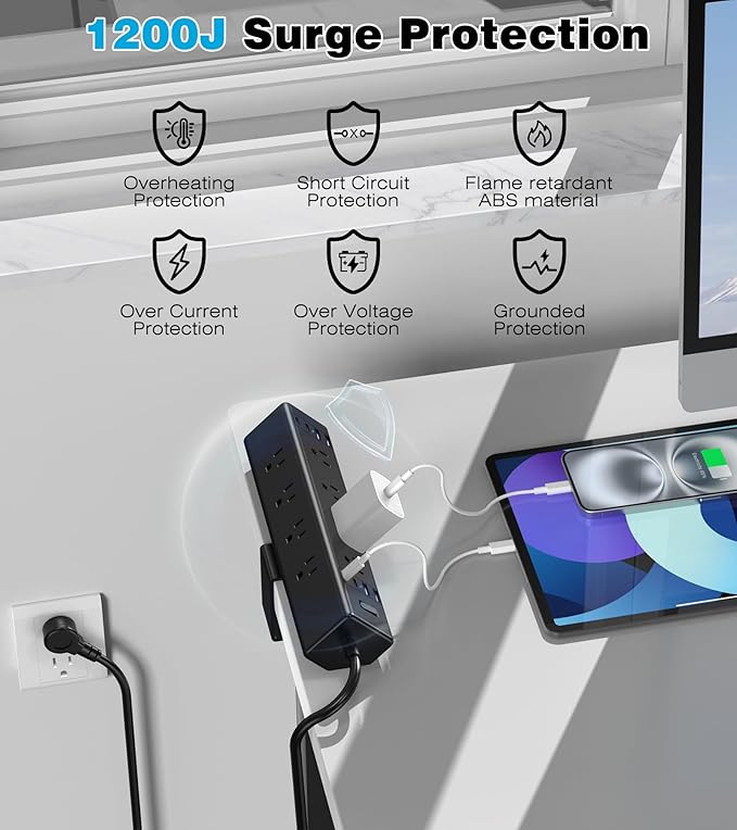 Desk Clamp Power Strip, 40W Total Fast Charging Station, Desk Edge Mount Power Strip, 8 USB Ports(4 USB C) & 8 AC Outlets, Fit 1.9" Tabletop Edge(6Ft 14AWG Cable)