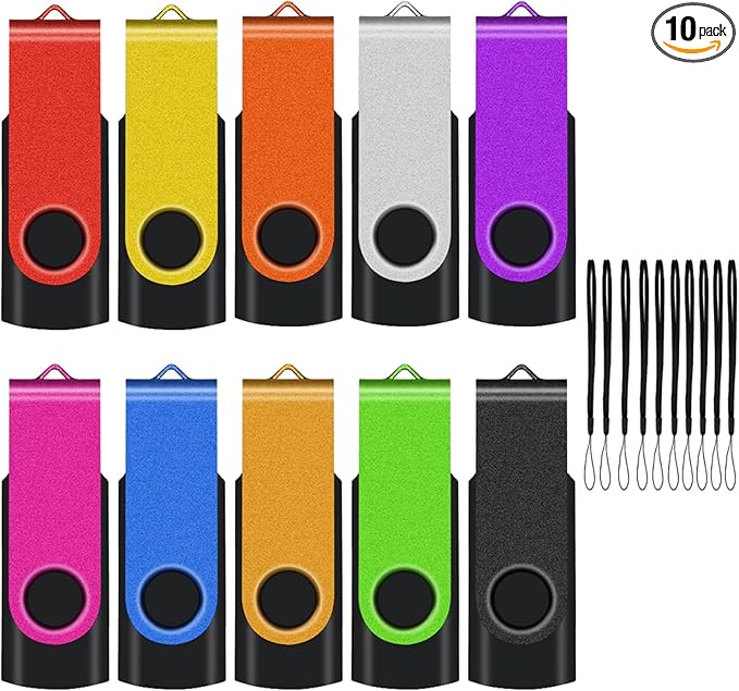 EASTBULL Flash Drive Bulk 4GB USB 10 Pack with Lanyards USB 2.0 Thumb Drive Bulk Memory Stick Swivel Pen Drive for Storage and Backup(4GB 10Pack, Mixed Color)