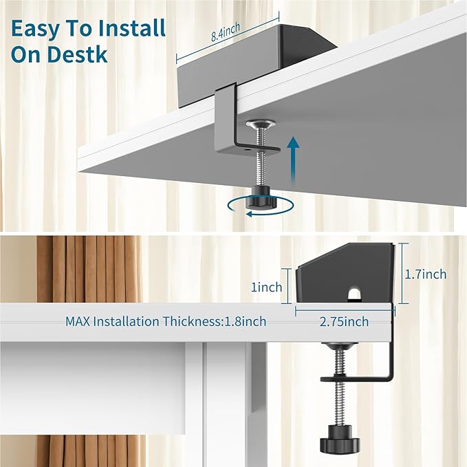 Desk Clamp Power Strip 2 USB C Desktop Mount Outlet Charging Station, 10FT Extension Cord Flat Plug with 6 AC, Removable 40W Fast Charging Surge Protector Power Strip Fits 1.8" Office Tabletop Edge