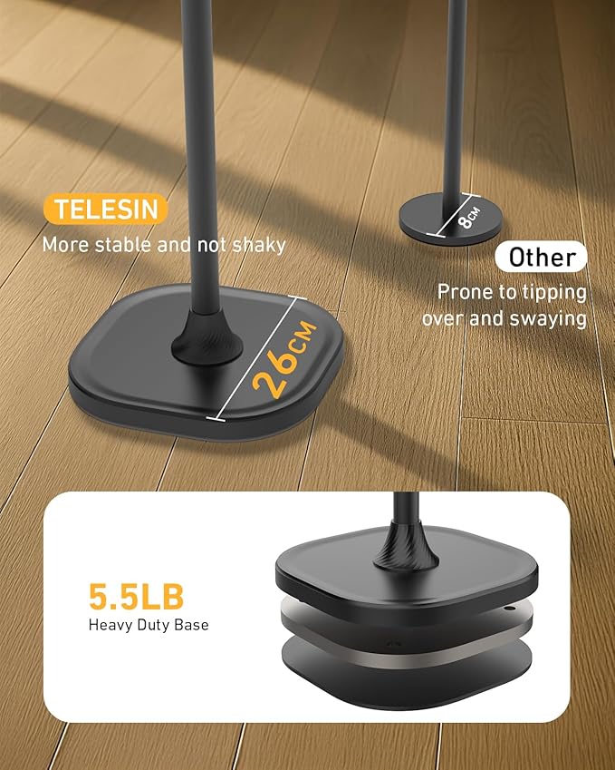TELESIN° Magnetic Phone Tablet Floor Stand, Aluminum Alloy Phone Holder Stand for Video Recording, Overhead Bed/Sofa Phone Mount Height Adjustable Ultra Stable Base for Magsafe/iPhone/Android/iPad