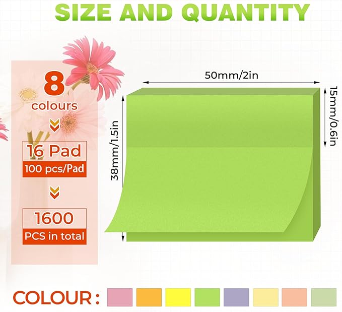 1.5 x 2 in Sticky Notes Mini,1600 Sheets Small Sticky Pads Clean Removal,16 Pads Pastel Colors Self-Stick Pads,100 Sheet/Pad Colorful Stickies Notes Pads Ideal for Office,Home,School,Meeting