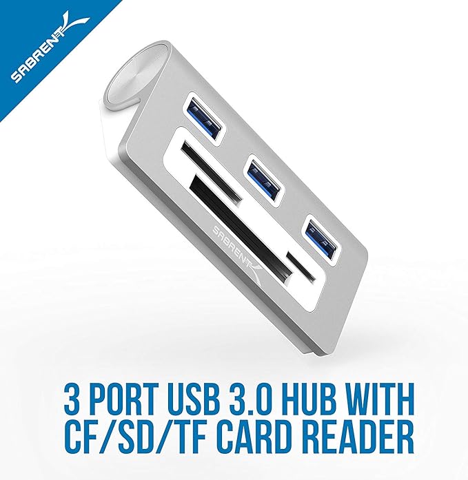SABRENT Premium 3 Port Aluminum USB 3.0 Hub with Multi in 1 Card Reader (12" Cable) for iMac, All MacBooks, Mac Mini, or Any PC (HB-MACR)