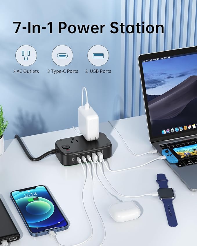 Power Strip with USB C Ports,30W USB C Charging Station,Surge Protection 1200J, 5FT Flat Extension Cord USB Charger Hub for Multiple Devices (Pearl Black, 30w)