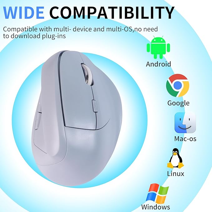 Wireless Bluetooth Mouse Vertical Ergonomic Dual Mode Rechargeable Silent Portable High Precision Optical Cordless Mice with USB Receiver for PC/Laptop/Tablet/MacBook Boy Girl,Reduce Wrist Pain(Blue