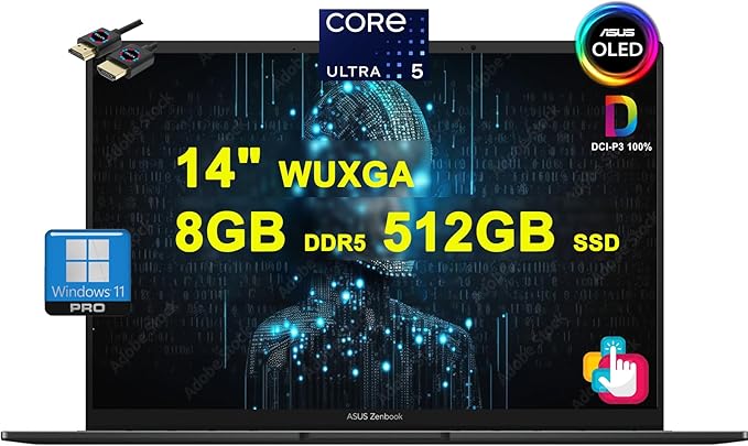 ASUS Zenbook 14 OLED AI PC Laptop | 14" WUXGA OLED Touch 550nits 100% DCI-P3 | Intel 14-core Ultra 5 125H | 8GB DDR5 512GB SSD Backlit Thunderbolt Harman/kardon Win11Pro w/DLCA Accessory