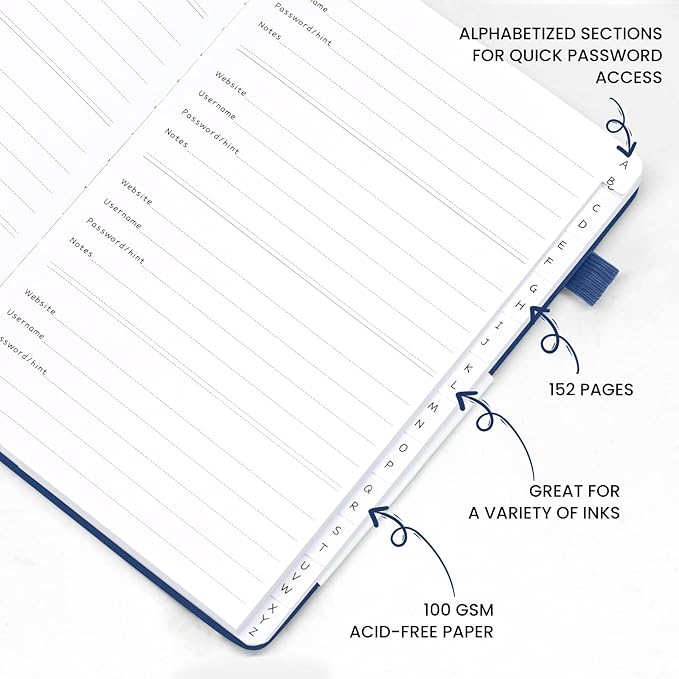 Password Book with Alphabetical Tabs, Hardcover Password Keeper, A5 Size 8.3"x6" Password Notebook for Saving Internet Login, Username, Password Organizer for Computer & Website Logins, Blue