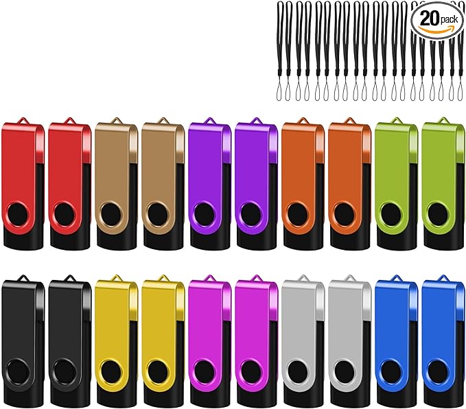 EASTBULL USB 2.0 Flash Drive 2GB with Lanyards Thumb Drives Bulk 20 Pack Colorful Multipack Memory Stick Pen Drive Swivel Design(2GB 20 Pack)
