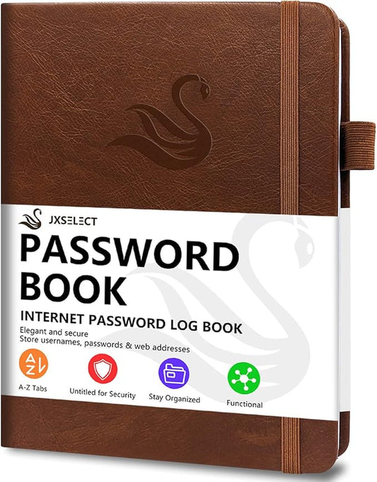 Elegant Password Book with Alphabetical Tabs - Hardcover Password Book for Internet Website Address Login - 7" x 10" Password Keeper and Organizer w/Notes Section & Back Pocket(Brown)