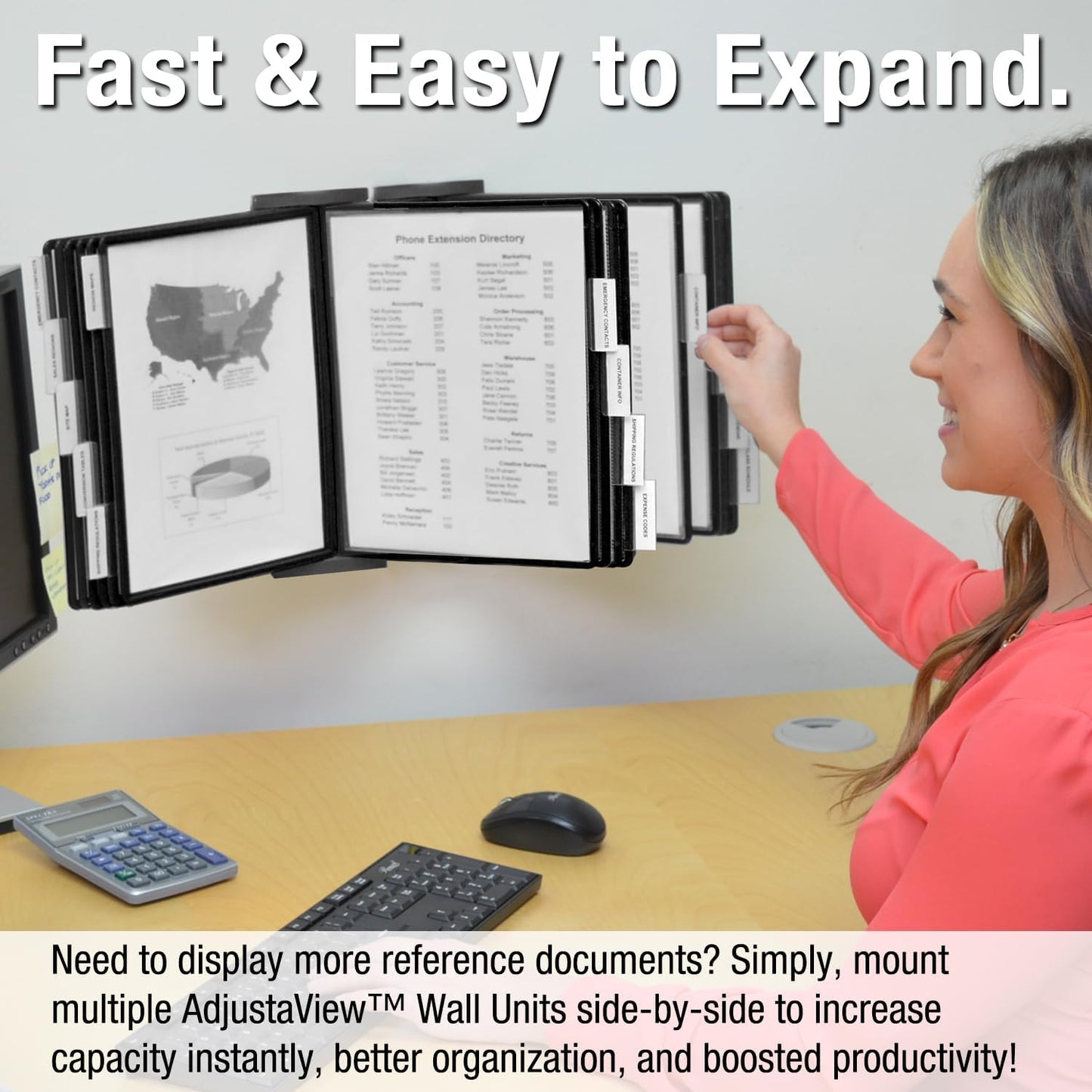 Ultimate Office AdjustaView 10-Pocket Wall Reference Organizer with Easy-Load Pockets and Mounting Screws, Black Pockets