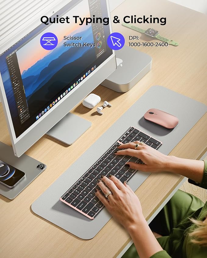 seenda Bluetooth Keyboard and Mouse for Mac, SKM64-2 Multi-Device Rechargeable Slim Wireless Keyboard Mouse Stainless Steel Full Size, Compatible with MacBook Pro/Air, iPad, Mac - Black Rose Gold