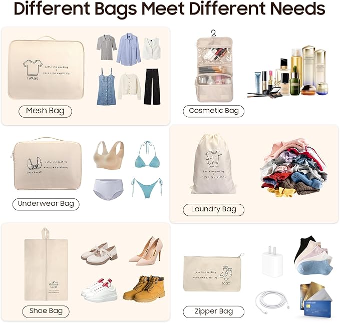 8 Set Packing Cubes for Travel Essentials - Luggage Organizer Bags with Hanging Toiletry & Shoe Bag for Suitcase, Travel Cubes for Packing