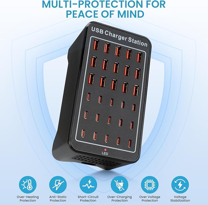 USB C Charging Station for Multiple Devices, 150W 30 Ports Charger Block for Ipad Cell Phone, Multiple USB Power Strip for Family Classroom